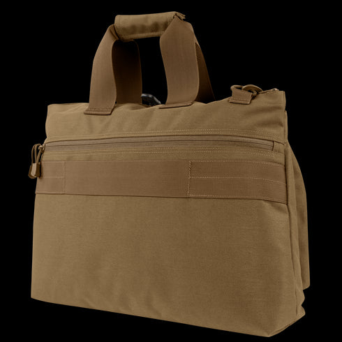 The Condor Aviator Bag 15L is a brown fabric briefcase with dual handles, a front zip pocket, and reinforced straps, featuring a tactical design for enhanced durability and reliability.